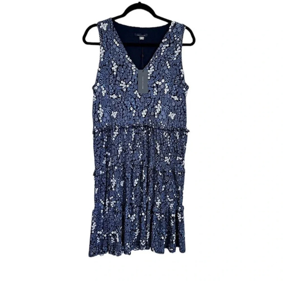 Tommy Hilfiger Women's Sleeveless Floral Blue V-Neck Tiered Dress Size 10 NWT - Picture 1 of 10